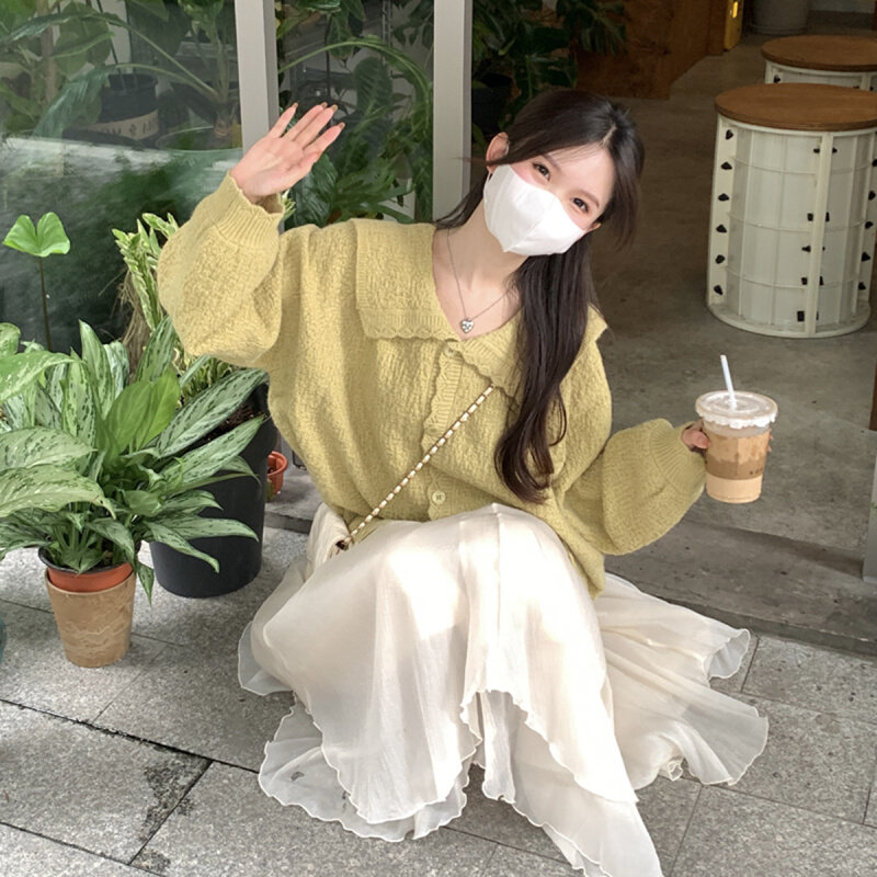 高货宽松显瘦翻领毛衣外套法式针织衫长袖开衫女秋季新款百搭纽扣