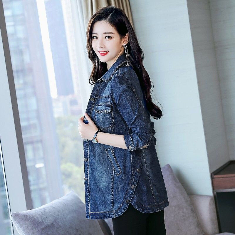 高货80-200斤大码牛仔外套女长袖中长款上衣春秋新款韩范修身显瘦