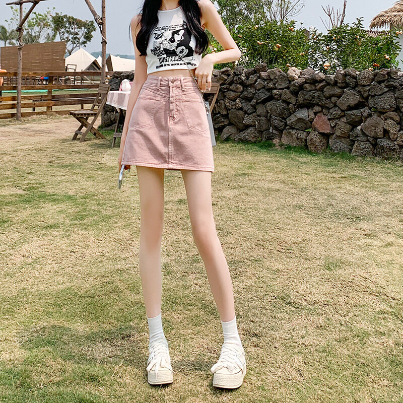 高货高腰牛仔短裙女夏季粉色2024年新款裙裤a字裤裙包臀半身裙子