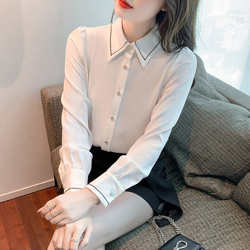 高货缎面衬衫女长袖2024秋季设计感小众撞色打底雪纺衫上衣