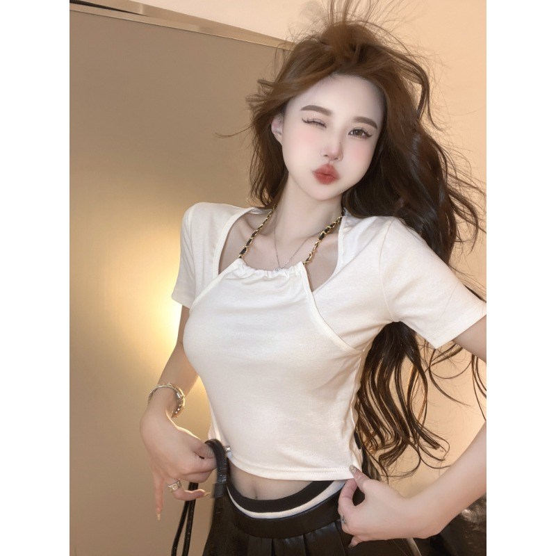 速发纯欲辣妹性感短款上脖独计感小众夏设特别致假两件挂衣t恤图片