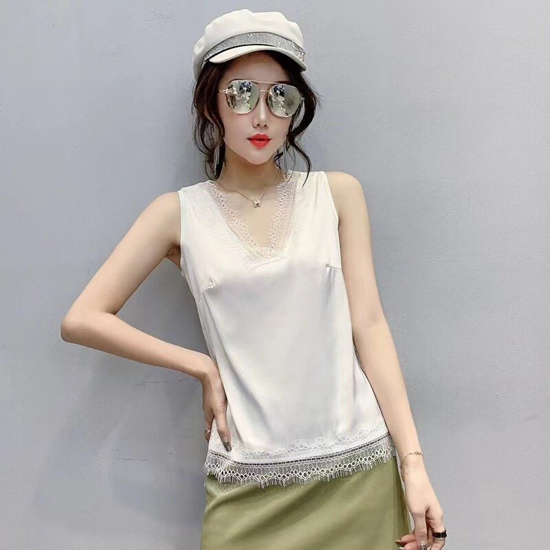 高货2024夏季新款睫毛蕾丝花边缎面吊带背心女内搭气质打底小背心