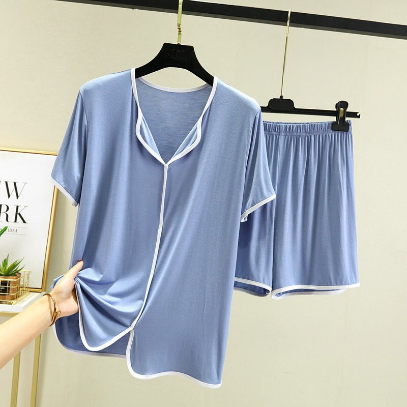高货春夏季新款女莫代尔包边家居服套装短袖短裤薄款宽松大码胖MM