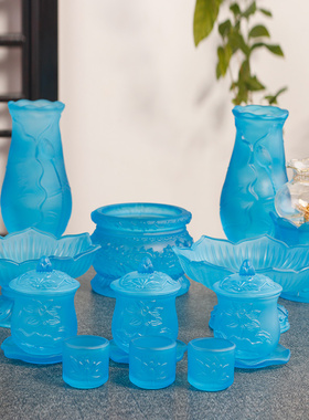 速发佛炉用品大全蓝色香装家用供奉套具花瓶供水杯果盘供佛供具水