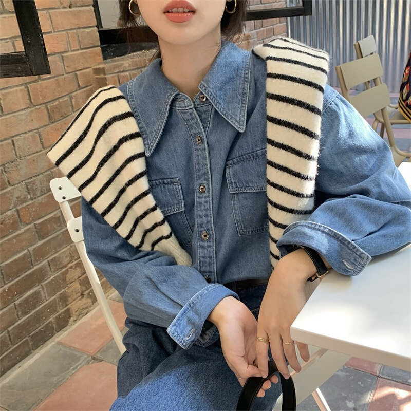 高货复古牛仔衬衫女2024春秋新款小个子内搭衬衣设计感小众外穿上