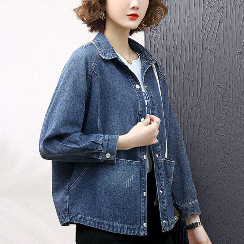 高货牛仔外套女2024新款宽松翻领短款时尚夹克妈妈装春秋薄款休闲