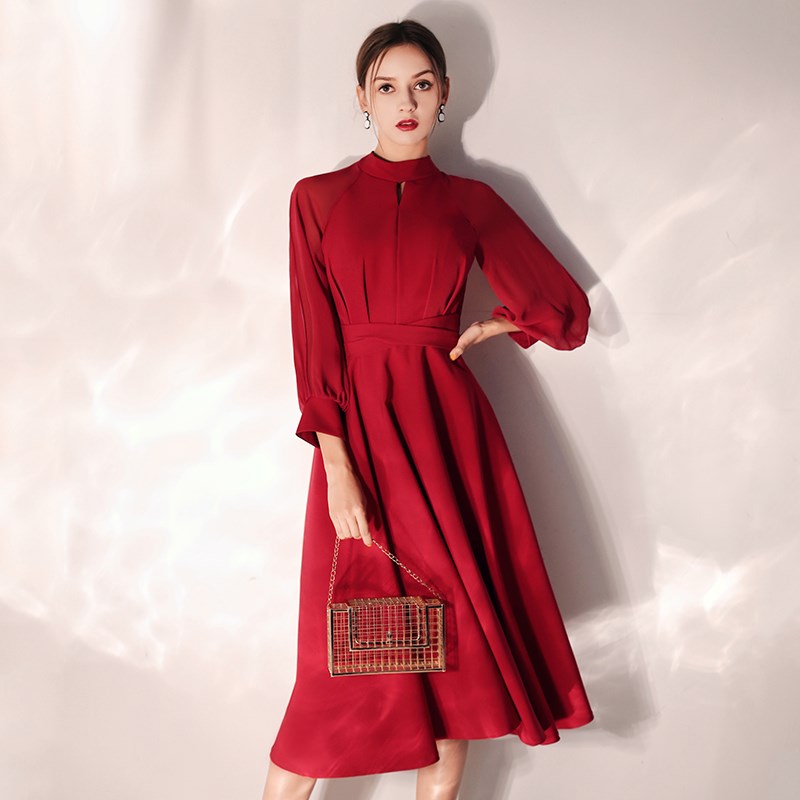 速发红色小晚礼服结婚裙子结婚平时可穿中长款新娘敬酒服连衣裙