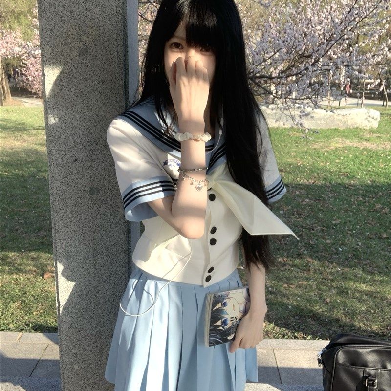 速发【星服抱月球装JK制星天蓝色水手服上衣套】A字裙学生