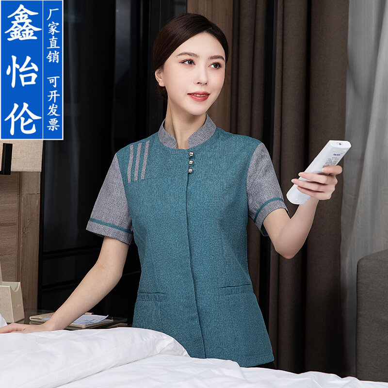 高货亚麻保洁服短袖女酒店客房家政物业清洁工阿姨保洁员工作服透