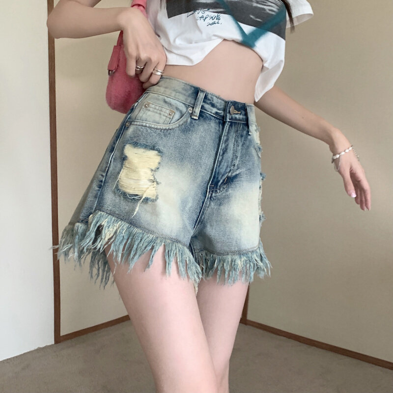 高货复古破洞牛仔短裤女夏季高腰辣妹毛边裤子宽松阔腿裤a字热裤i