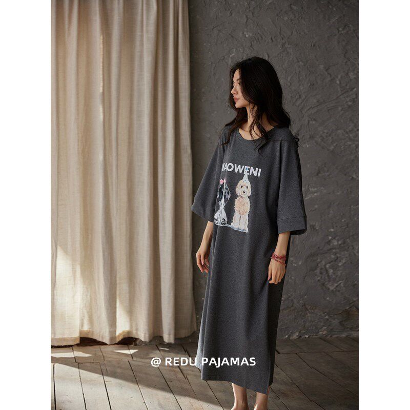 速发睡长夏季款纯棉可爱小狗裙裙带胸垫衣体睡一宽松可外穿