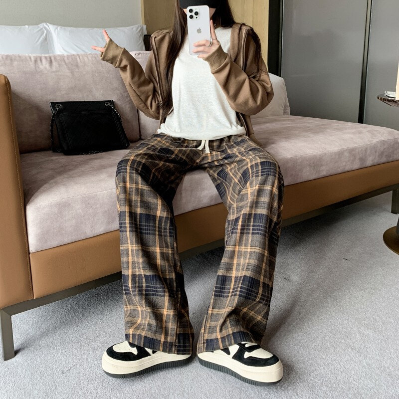 高货新款复古黄色磨毛格子裤休闲裤阔腿裤高腰直筒裤慵懒百搭拖地