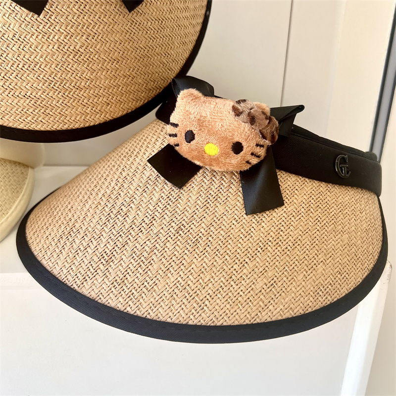 速发可爱豹纹猫草y少心防晒遮空顶骑车帽生heo学草编帽