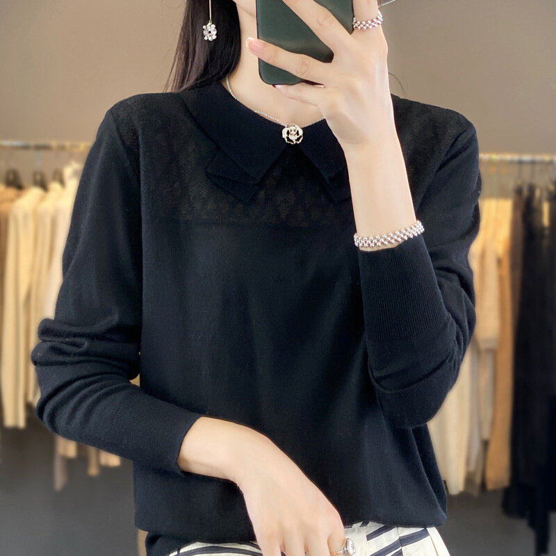 高货2024女士新款洋气蕾丝针织衫春秋翻领羊毛衫薄款女大码毛衣打