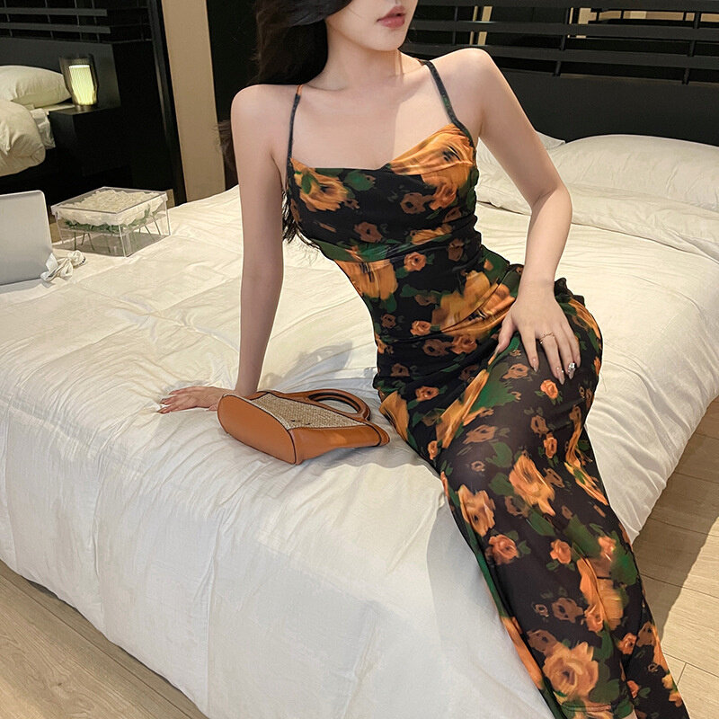 高货JY23741春季新款修身包臀裙 欧美风复古玫瑰花露背吊带连衣裙