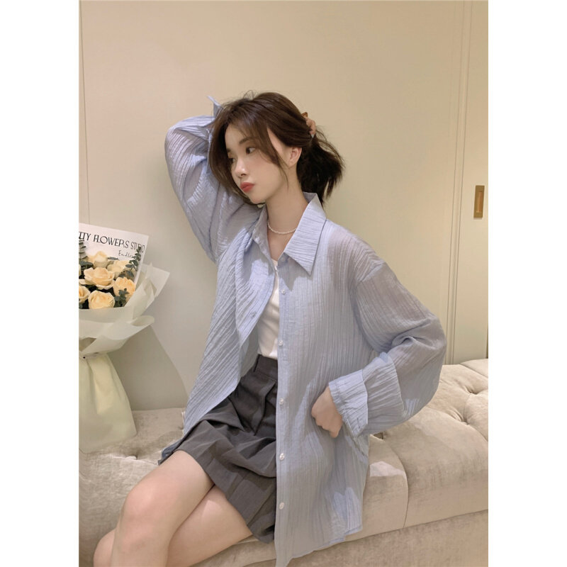 高货爱依轩 白色防晒衬衫女 宽松开衫外搭长袖休闲衬衣外套中长款