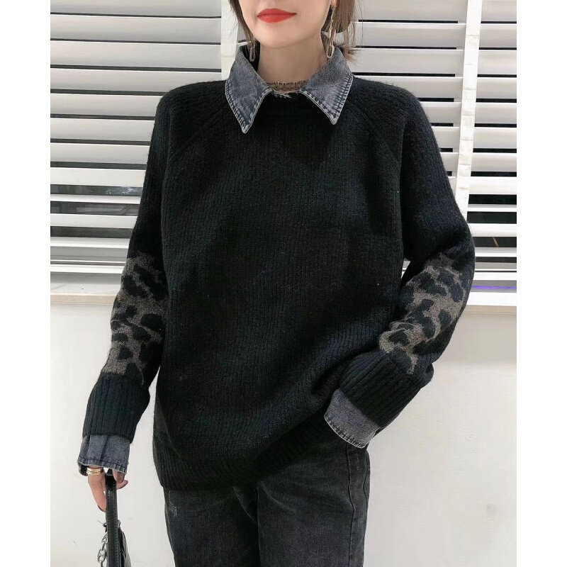 高货假两件牛仔领毛衣女秋装2024新款宽松外穿套头慵懒风针织上衣