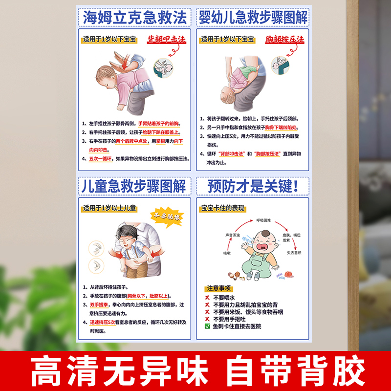 婴幼儿急救海报宝宝挂图海姆立克急救法安全贴纸冰箱墙贴心肺复苏