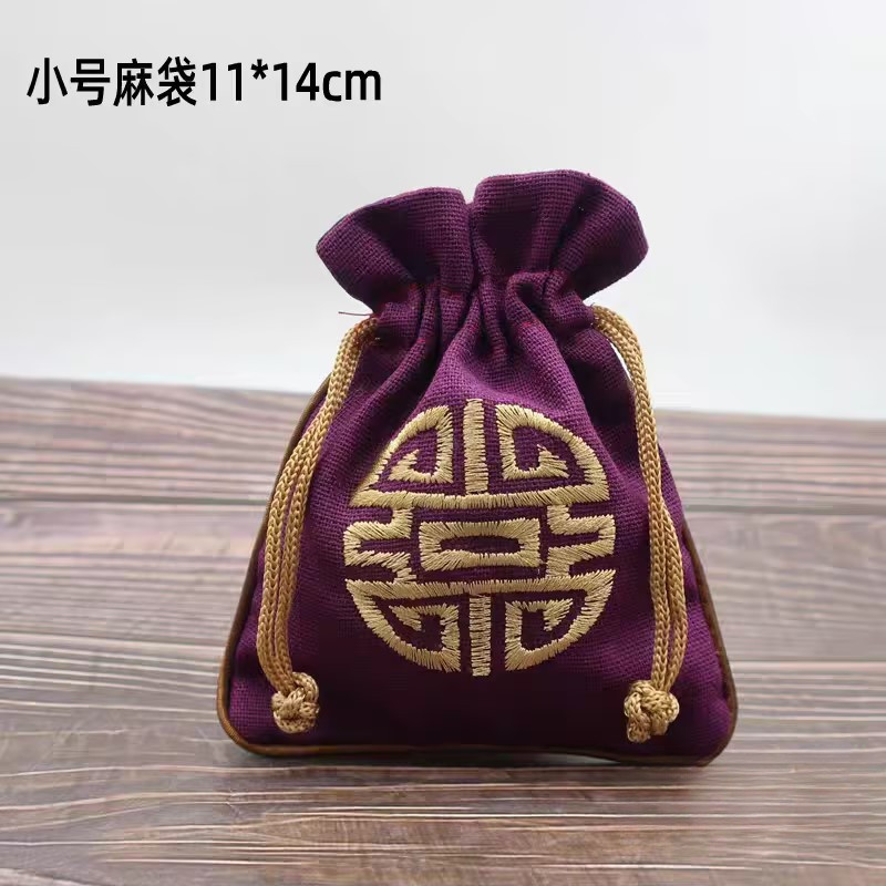 刺绣锦囊袋拉绳束口麻布包装收纳袋首饰小布袋手串核桃文玩布袋子