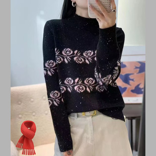 内搭毛衣上衣女冬半高领针织衫 加厚打底毛线衣 黑色宽松高级感新款