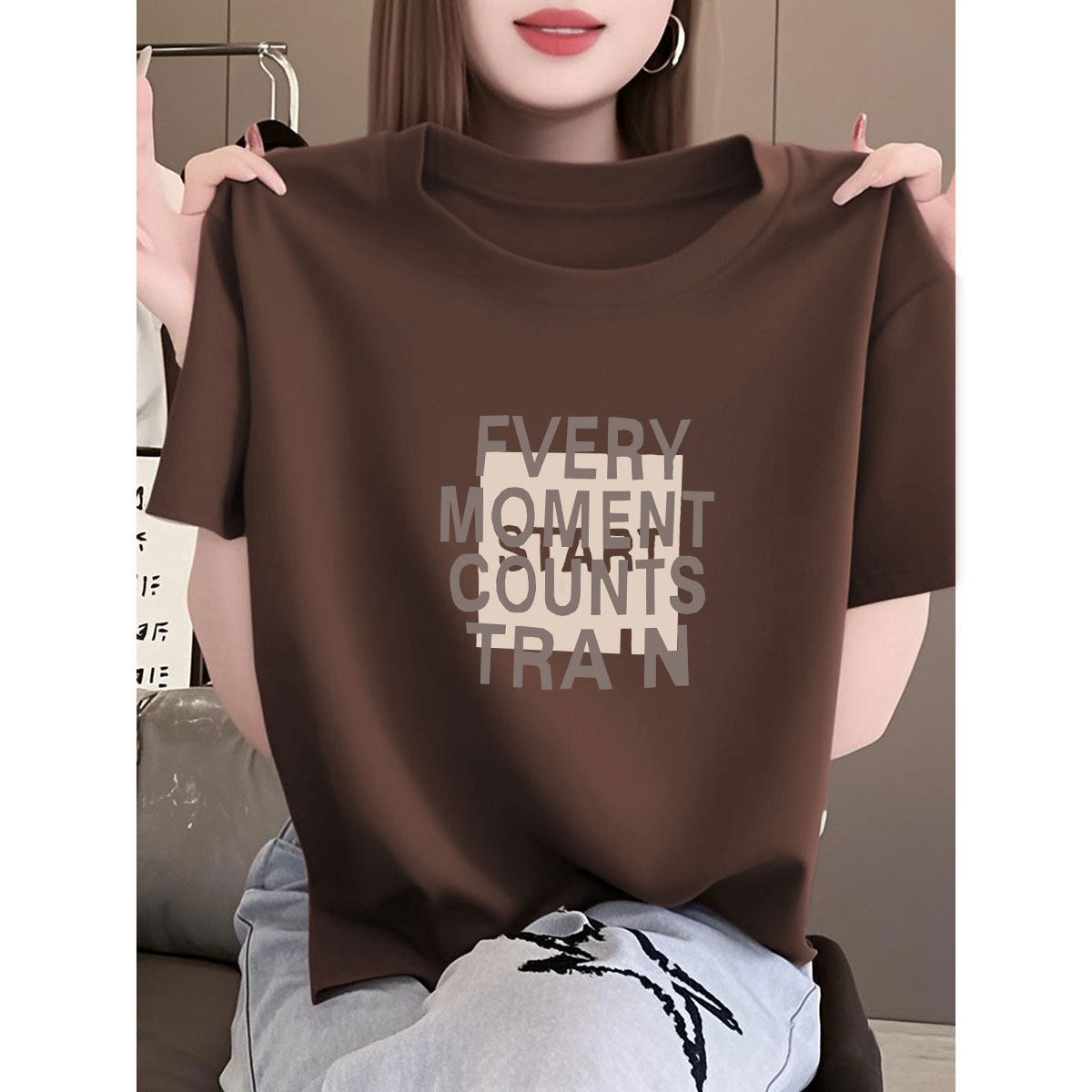 咖啡色正肩纯棉短袖t恤女2025夏季新款百搭洋气圆领印花时尚上衣