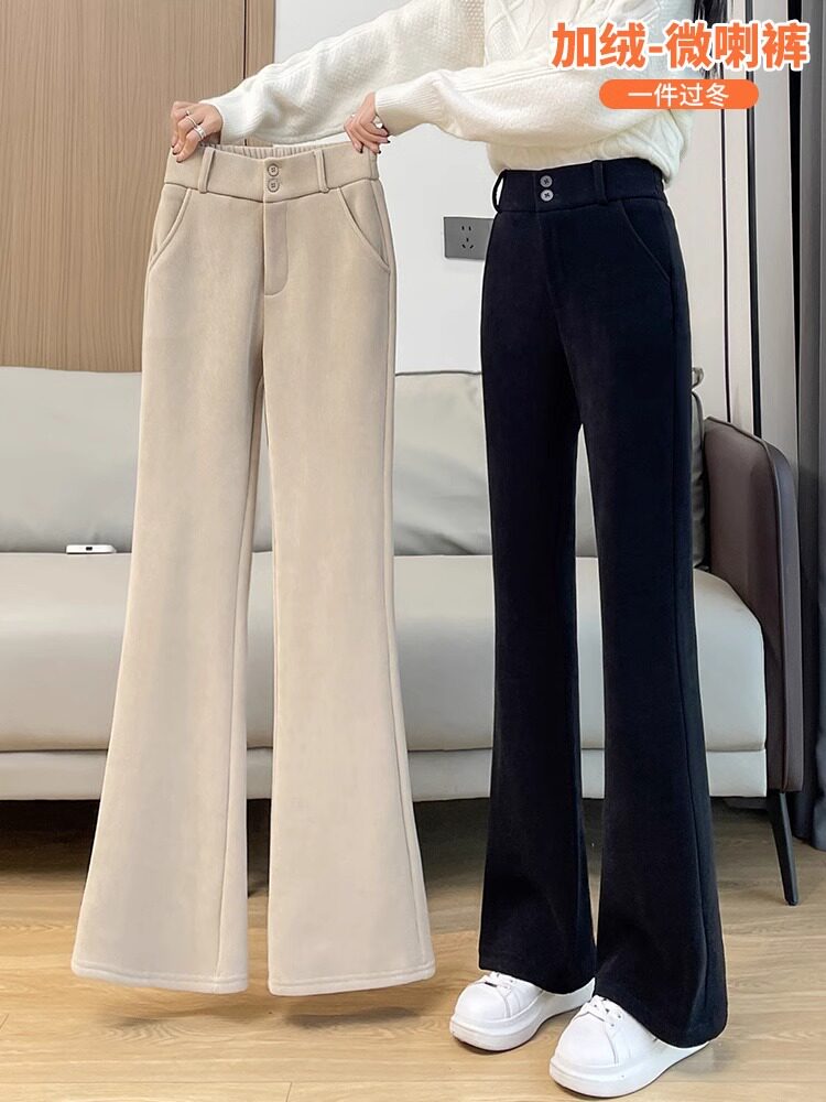 加绒加厚微喇裤子女春秋保暖2025新款垂感休闲阔腿喇叭灯芯绒女裤