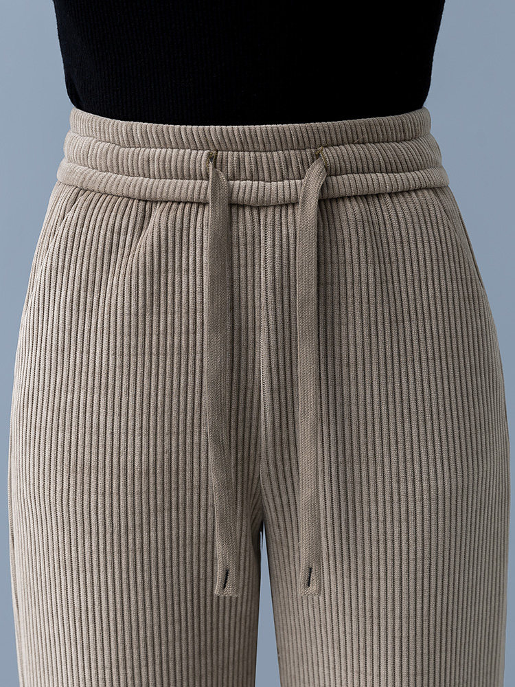 雪尼尔条纹阔腿裤女春秋梨型身材垂感松紧高腰休闲加绒直筒长裤子