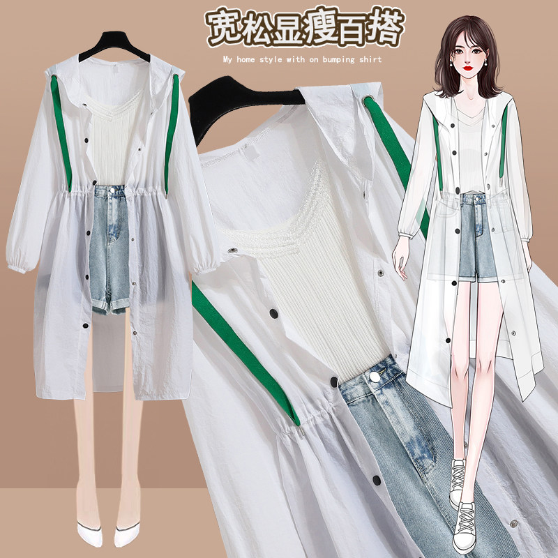 实拍大码女装胖mm中长款防晒衣2021夏季新款洋气显瘦空调衫三件套