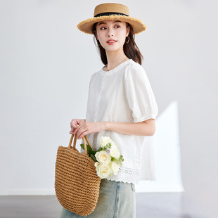 女25夏田园甜美蕾丝花边小衫 衬衫 圆领短袖 韩系简约凉爽透气时尚