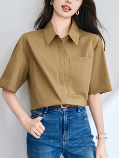 白衬衫 卡其色大口袋工装 女2025年夏通勤百搭韩版 衬衫 休闲百搭 短袖