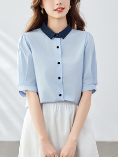 蓝色小方领衬衫 2025夏新韩系简约精致拼接休闲上衣纯棉女 撞色短袖