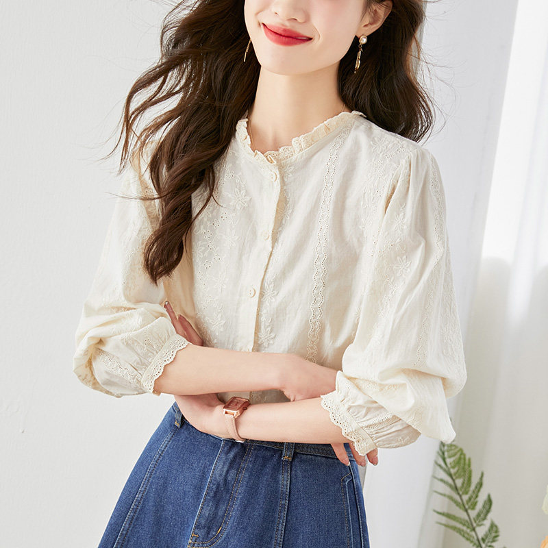 杏色木耳领衬衫女长袖2026春装新款纯棉绣花上衣气质淑女刺绣衬衣