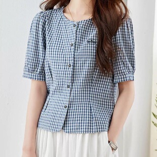 复古泡泡袖蓝格子衬衫字母刺绣短款2026夏新款圆领短袖设计感衬衫