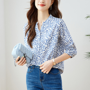 小V领遮肉减龄七分袖 时尚 上衣 2025春夏新女装 连理枝田园印花衬衫