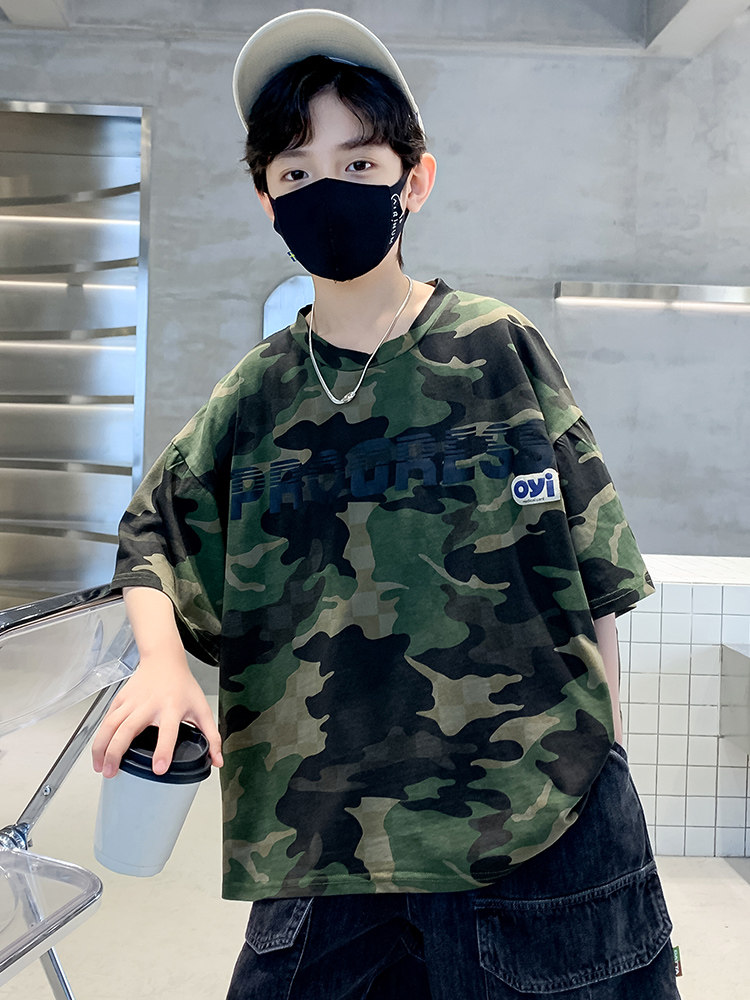 男童儿童短袖t恤中大新款2023童男孩夏季迷彩上衣夏装纯棉半袖潮