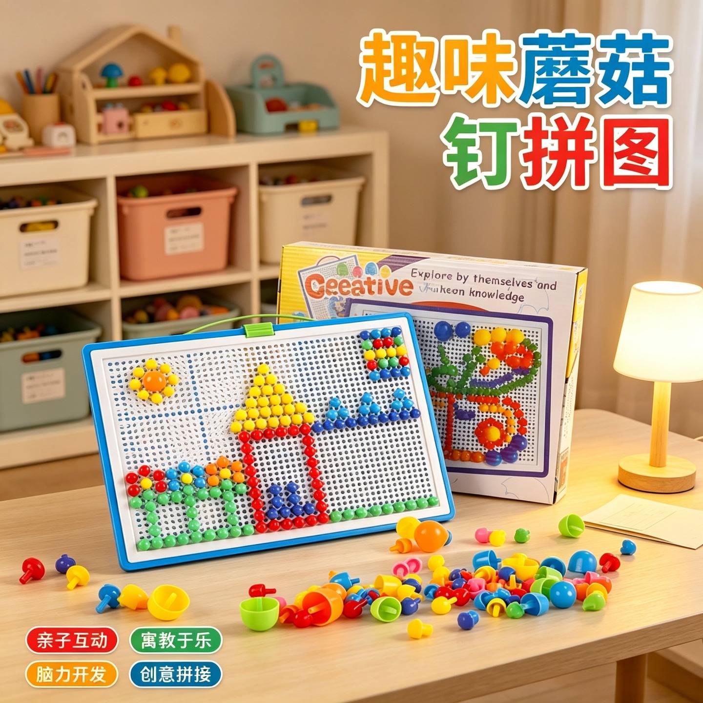益智DIY592粒蘑菇钉拼图儿童插珠寓教于乐孩子脑力的开发亲子互动