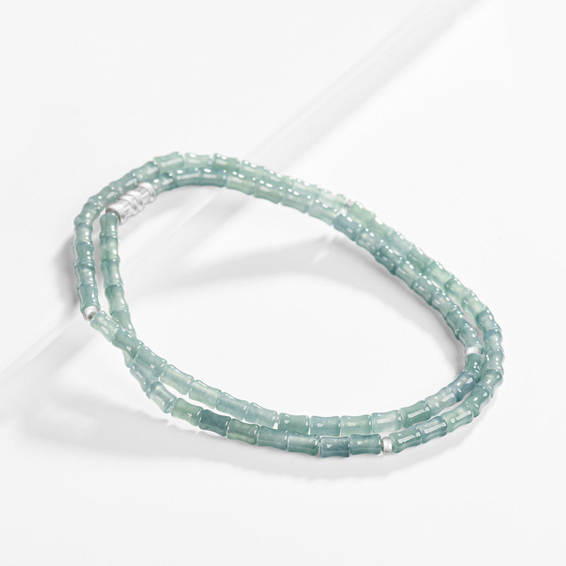天然A货翡翠蓝水竹节玉珠项链冰种玉石S925银三圈手链锁骨链女款
