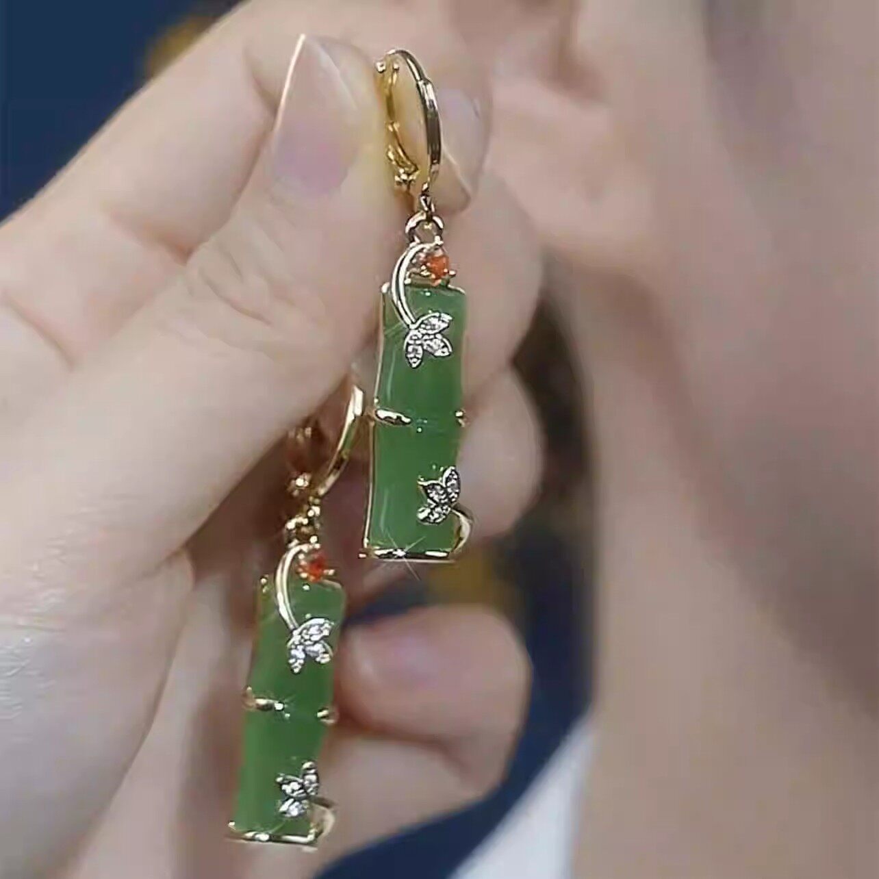 新中式国潮耳环高档洋气绿色镶钻猫眼石竹节耳扣轻奢小众设计感女