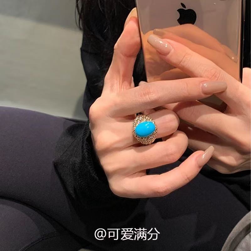 睡美人中古蓝松蛋面微镶锆石戒指vintage千金感轻奢精致指环
