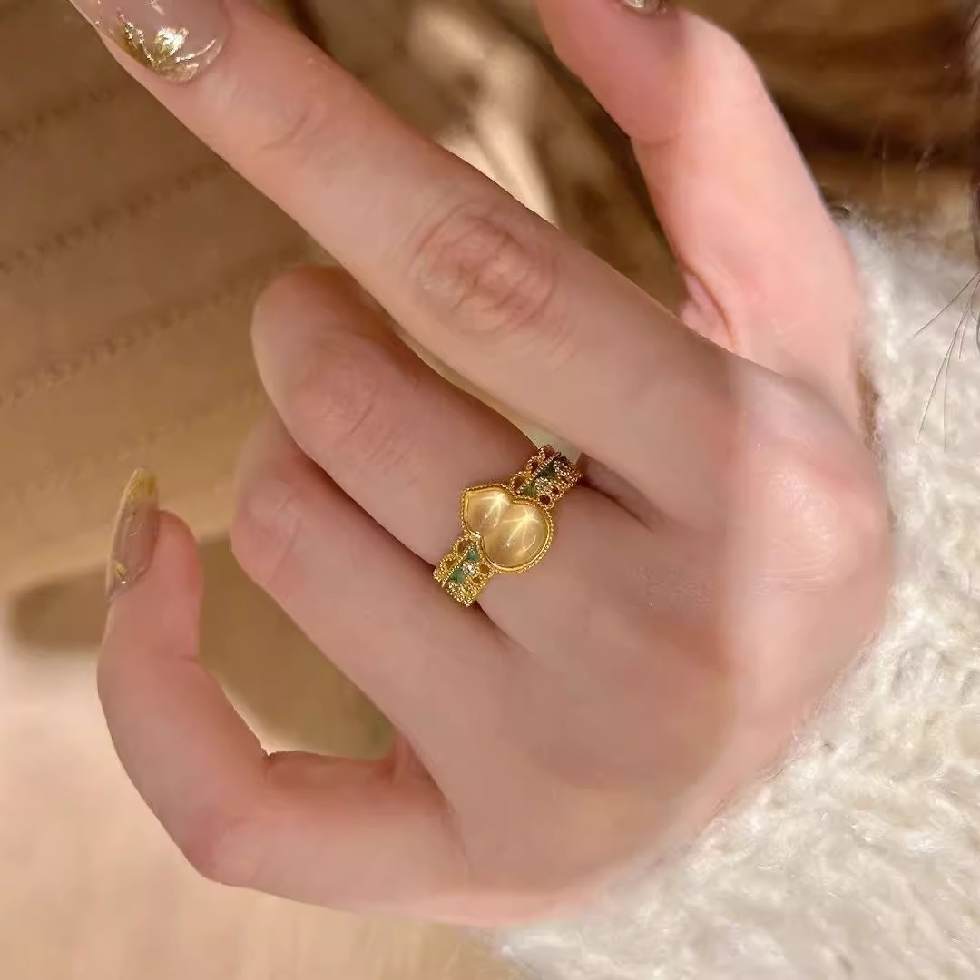 新品中国风精致珐琅葫芦玛瑙玉髓戒指女轻奢小众高级开口指环