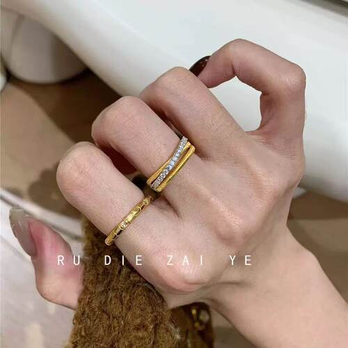复古镶钻拉丝戒指女纯银人造钻石轻奢高级感中古小众交错戒子批发