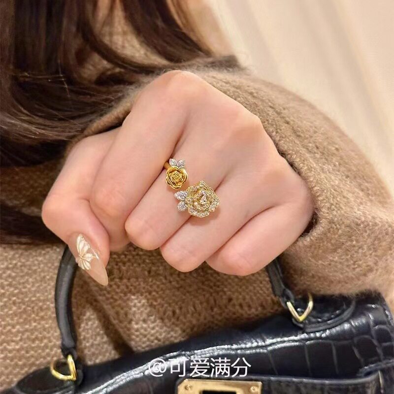 黄金色满钻双生玫瑰花戒指女小众时尚轻奢高级感美拉德风精致指环
