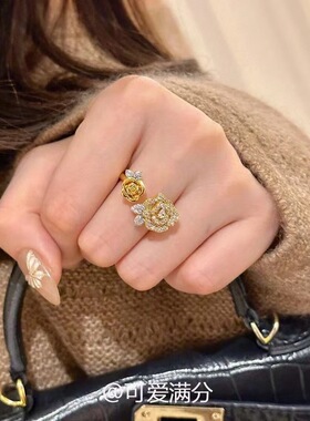 黄金色满钻双生玫瑰花戒指女小众时尚轻奢高级感美拉德风精致指环