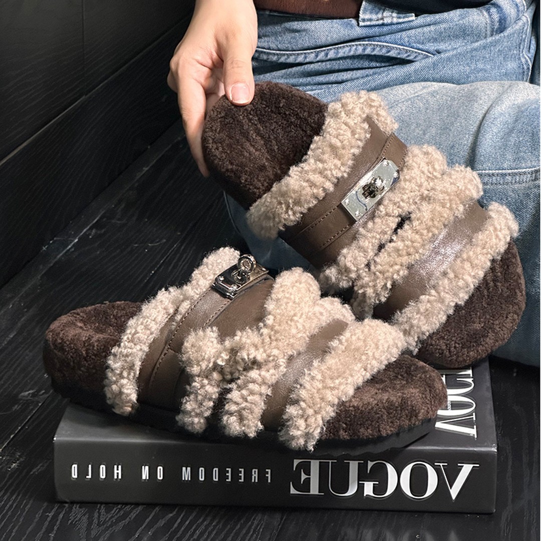 欧货羊羔毛毛鞋金属搭扣露趾一字凉鞋托外穿平底鞋拖鞋勃肯女鞋