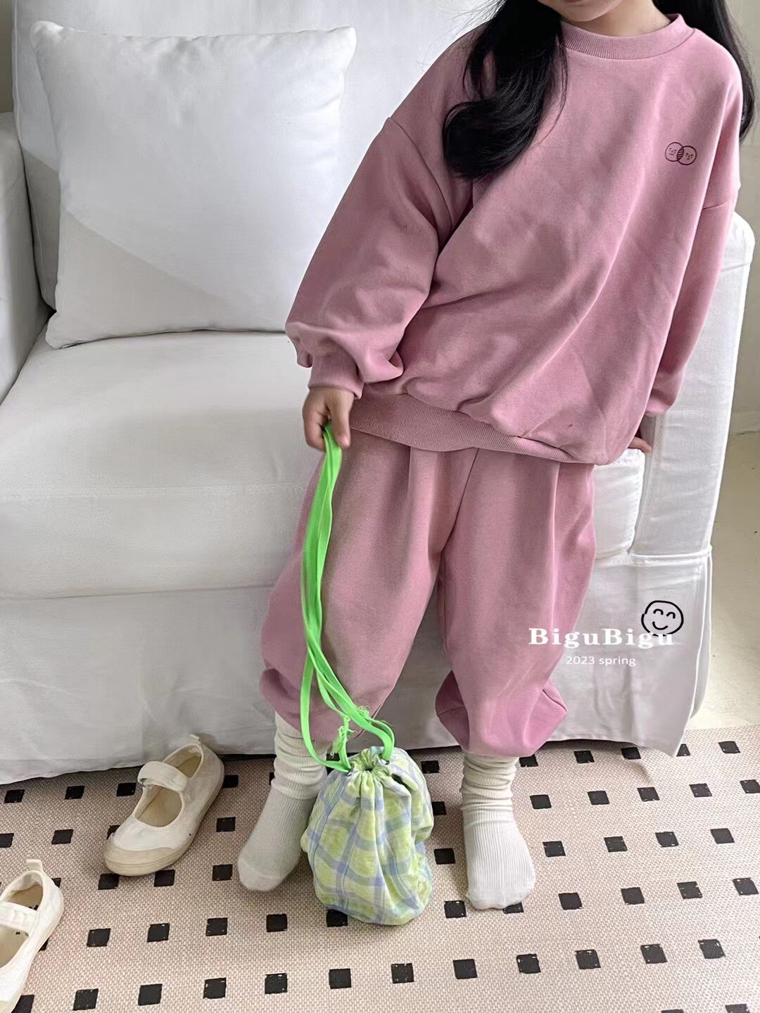 5折(大鱼小鱼韩国童装)品牌bigu正品儿童毛圈卫衣套装女童粉色