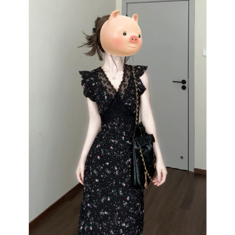 法式小飞袖黑色v领碎花连衣裙子女夏季2025新款夏日绝美蕾丝长裙