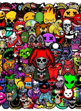 100张欧美个性炫酷鬼脸贴纸摩托车头盔滑板旅行箱手机壳防水贴纸