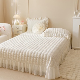 法式牛奶绒床盖单件冬加厚保暖花边床单三件套白色珊瑚绒床罩夹棉