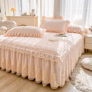 冬季 牛奶绒夹棉蕾丝床裙单件2025新款 加厚加绒粉色床罩三件套遮丑