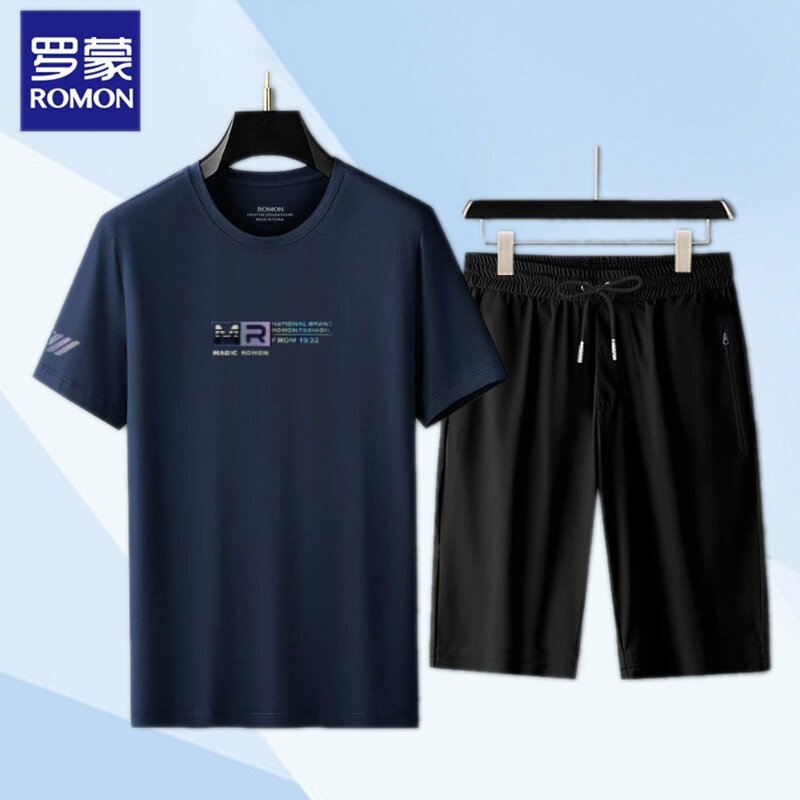 罗蒙夏季休闲套装男黑色短袖